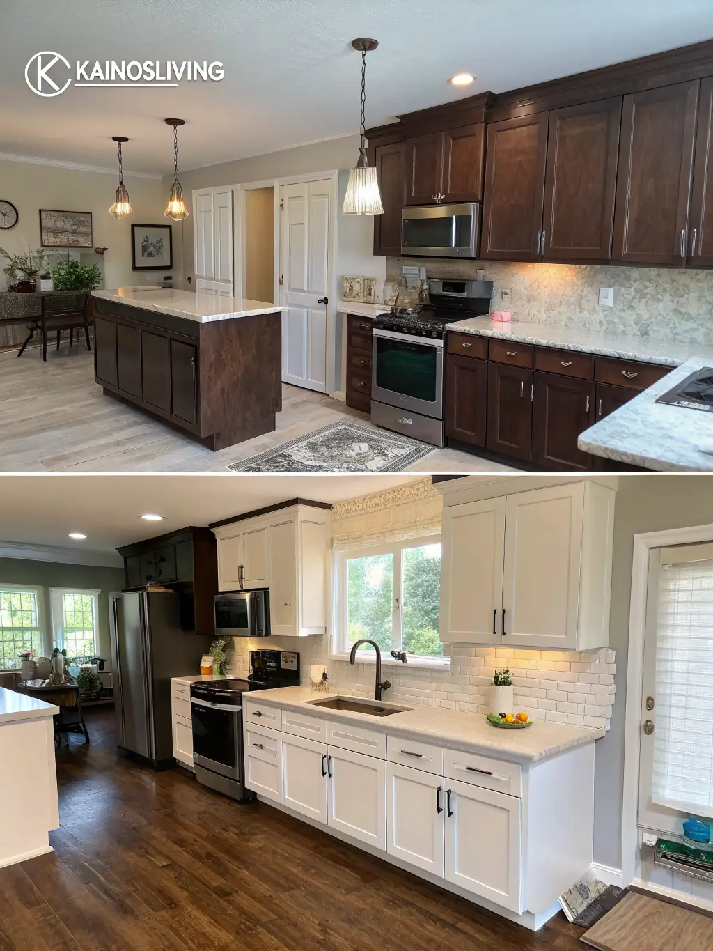 A before-and-after shot of a kitchen renovation, highlighting the transformation achieved by Better Call Hall's renovation team.