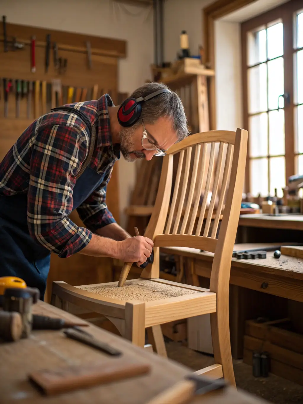 A detailed close-up shot of a craftsman meticulously installing custom cabinetry, showcasing the attention to detail and quality workmanship.