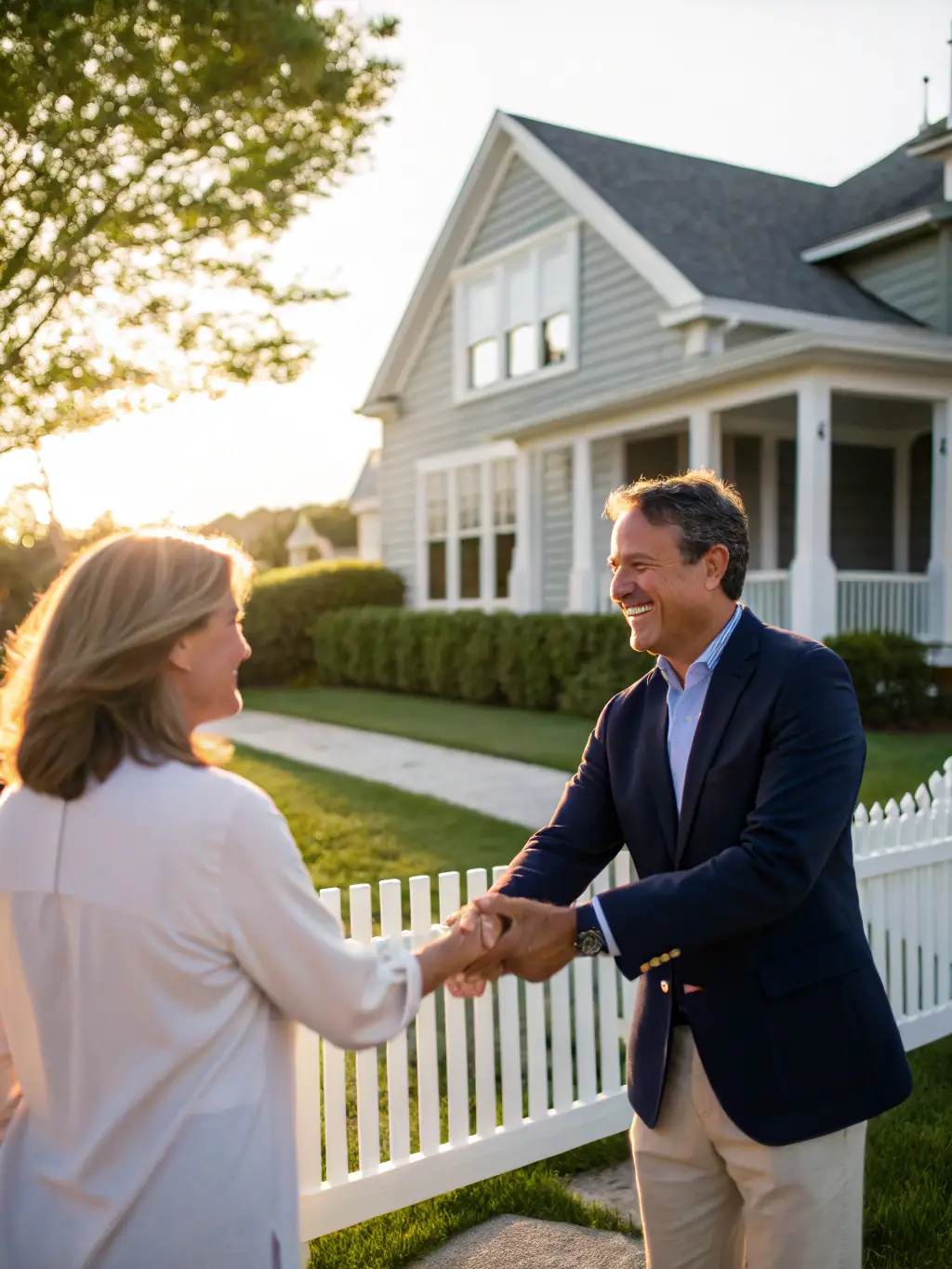 A friendly and professional contractor shaking hands with a satisfied homeowner in front of a newly renovated house, symbolizing trust and partnership.
