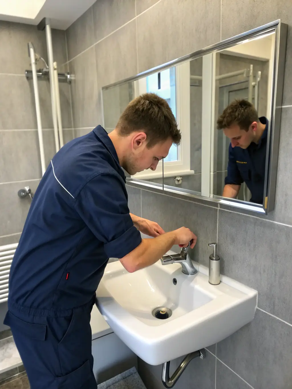 A handyman expertly repairing a leaky faucet in a modern bathroom, showcasing Better Call Hall's home maintenance services.