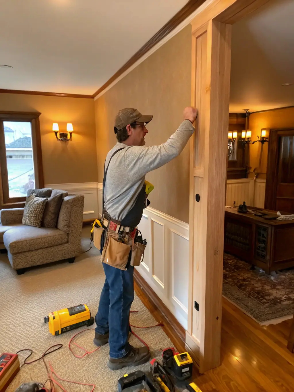 A skilled carpenter installing custom trim work in a living room, demonstrating Better Call Hall's attention to detail in repair projects.