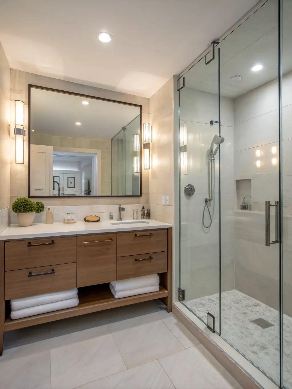 A beautifully renovated bathroom featuring a walk-in shower, modern fixtures, and elegant tiling, highlighting Better Call Hall's bathroom renovation capabilities.